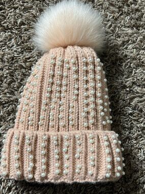 Pearl-Embellished Pom Pom Knit Beanie - Blush